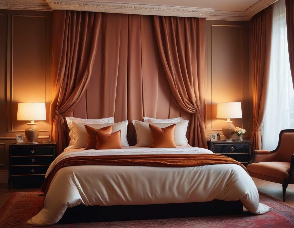 A captivating, sensual scene featuring a stylishly decorated modern bedroom with soft, ambient lighting and elegant drapery. Include subtle elements representing adult films, such as classic film reels, intertwined with intimate items like silk sheets and candles. The atmosphere should evoke a sense of exploration and empowerment in erotic content creation. Artistic touch with a hint of romance. super-realistic. vibrant colors. warm tones.