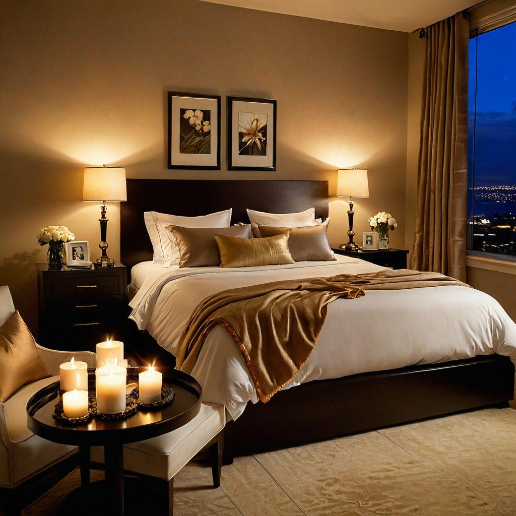 A serene and inviting bedroom setting with soft, warm lighting, featuring an open laptop displaying adult content, surrounded by tasteful decor that suggests intimacy and comfort. Include a plush bed adorned with silk sheets and candles, while a confident individual sits nearby, exuding a sense of empowerment and relaxation. The atmosphere should feel safe and welcoming, capturing the essence of exploring sensuality openly. super-realistic. warm colors. inviting ambiance.